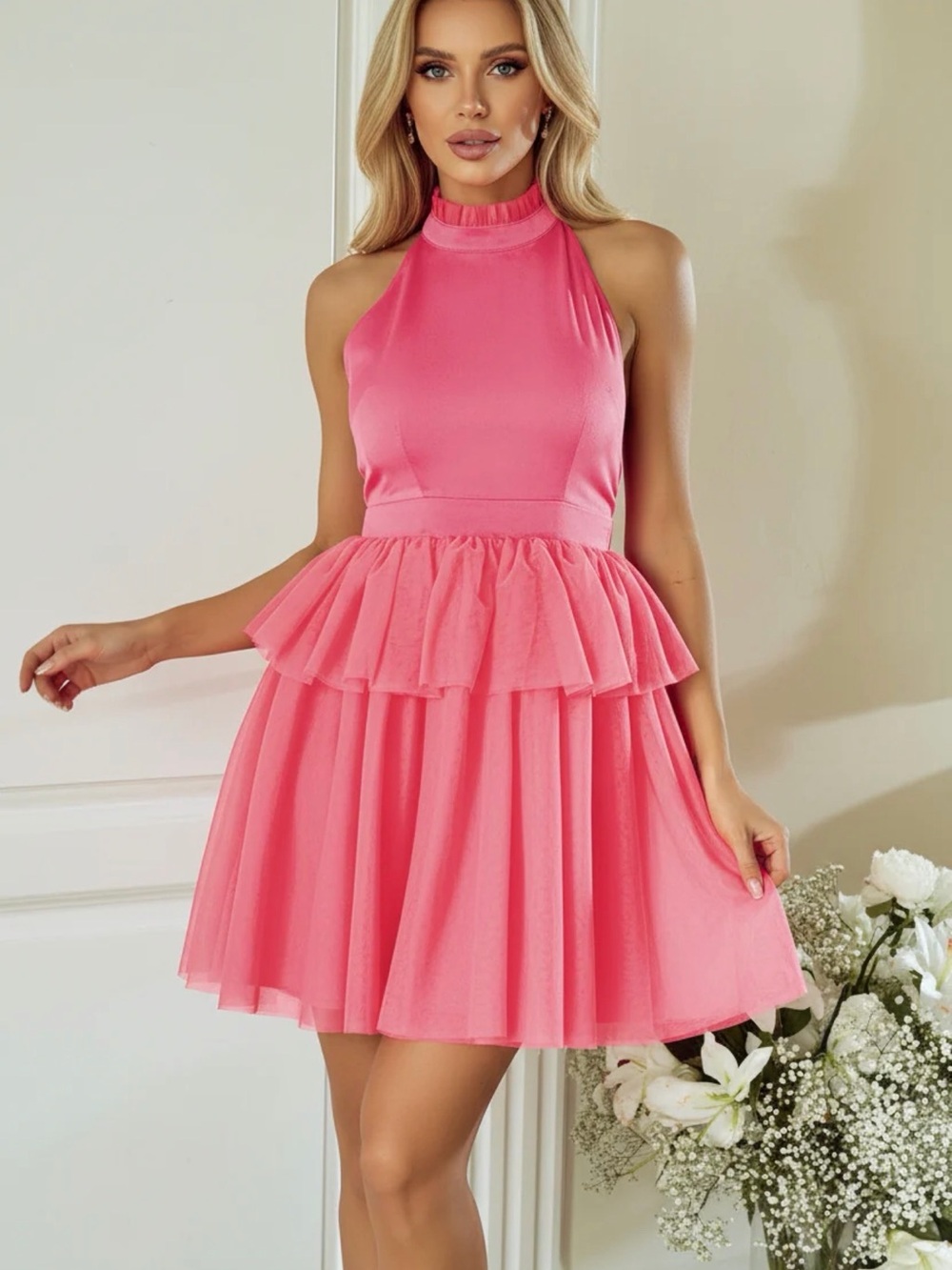 Sleeveless Ruffled Peplum Mini Dress - Pink